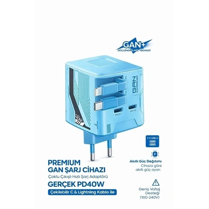 Gan+ Pd 40w Hızlı Şarj Adaptörü Çoklu Çıkış Usb-c Lightning Kablolu Hızlı Şarj Cihazı Ev Ofis Uyumlu Mavi