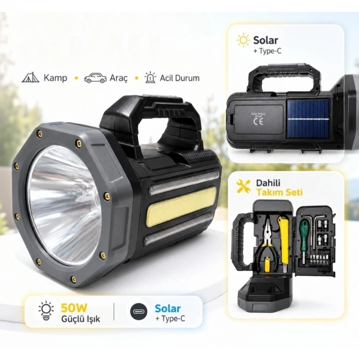Gold  Gp-620 Solar Şarjlı 50 Watt Güçlü Kamp El Feneri Takım Çantalı