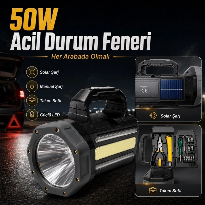 Gold  Gp-620 Solar Şarjlı 50 Watt Güçlü Kamp El Feneri Takım Çantalı