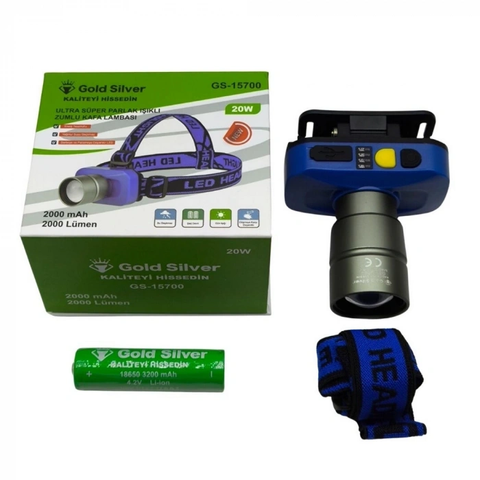 Gs-15700 20w 2000 Lümen Sarı Beyaz Işık Zoomlu Şarj Edilebilir Kafa Feneri