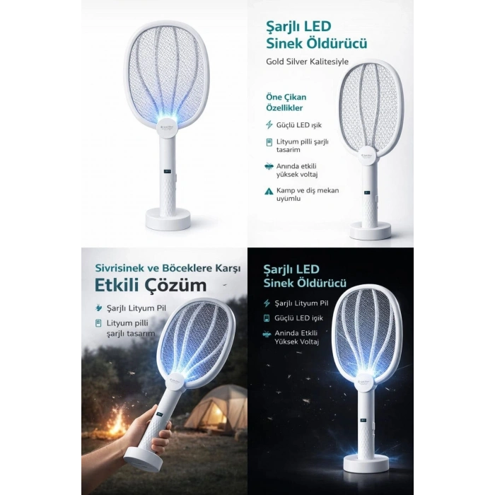 Gs-3602 Şarjlı Led Sivrisinek Öldürücü Raket Standlı Çift Kullanımlı Lityum Pilli