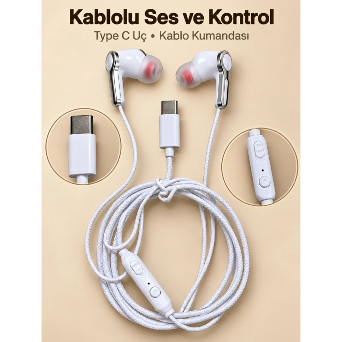 Gümüş Detaylı Silikon Başlıklı Type C Kablolu Kulaklık