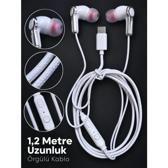 Gümüş Detaylı Silikon Başlıklı Type C Kablolu Kulaklık