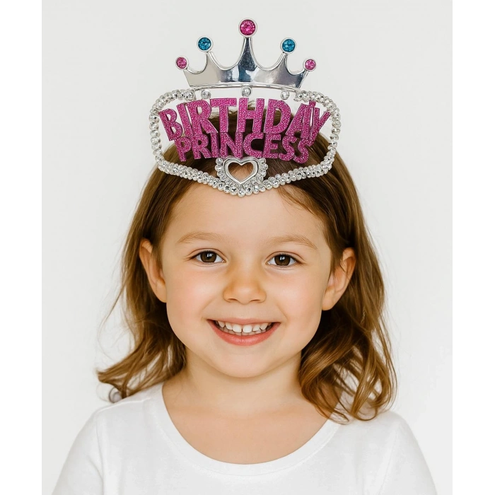 Gümüş Renk Taç Üzeri Pembe Birthday Prenses Yazılı Çocuk Parti Tacı 11x12 Cm