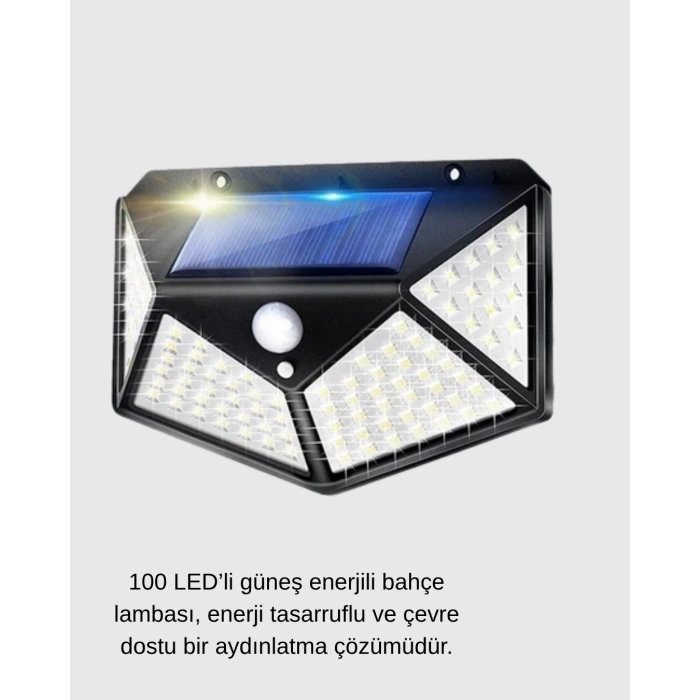 Güneş Enerjili 100 Led Dış Mekan Lamba – Hareket Sensörlü, 2200mah Bataryalı Solar Aydınlatma