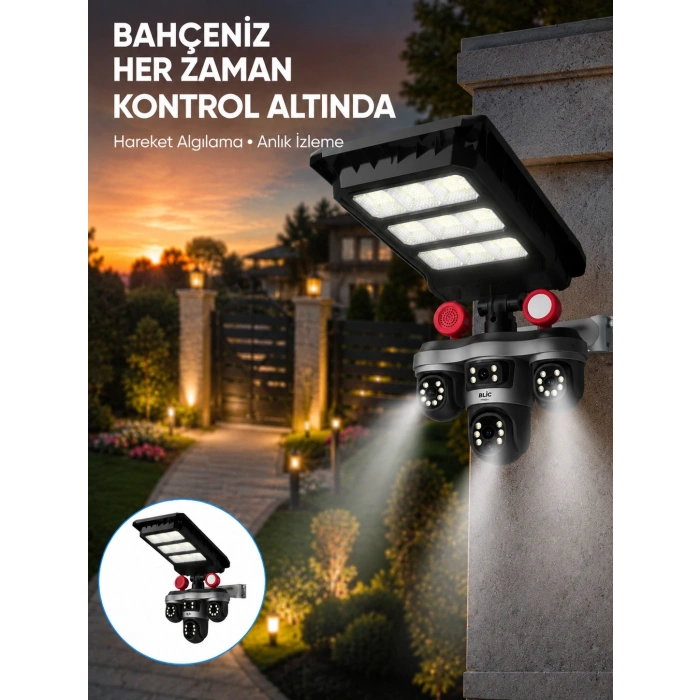 Güneş Enerjili 3 Lens Akıllı Güvenlik Kamerası Led Projektörlü Dış Mekan Koruma Sistemi
