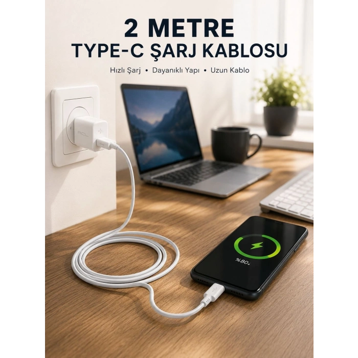 Hızlı Şarj Destekli 2 Metre Type-c Kablo