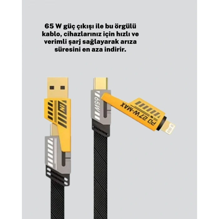 Hızlı Şarj Destekli 65w Örgülü Usb-c Ve Usb-a Çoklu Şarj Kablosu