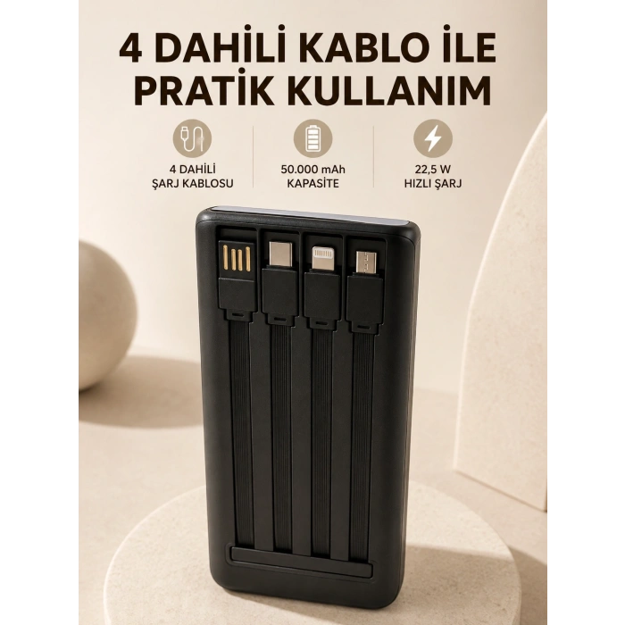 Hızlı Şarj Powerbank 50.000 Mah 4 Dahili Kablolu Led Aydınlatmalı Dijital Göstergeli Taşınabilir Batarya