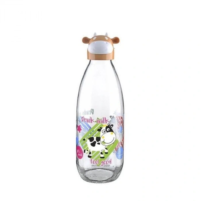 İnek Tasarımlı Sevimli Cam Suluk  Süt Şişesi 1000 Ml (599)