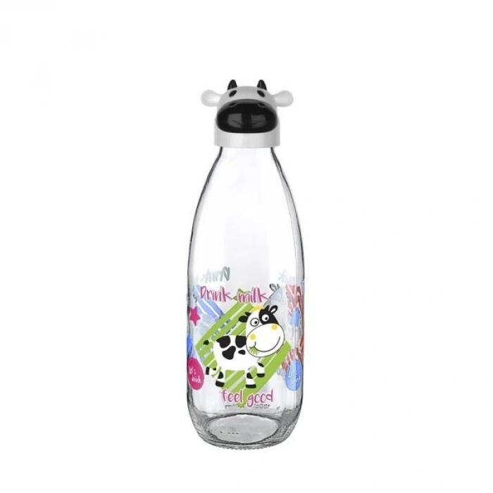 İnek Tasarımlı Sevimli Cam Suluk  Süt Şişesi 1000 Ml (599)