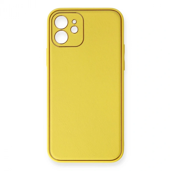 İphone 12 Kılıf Coco Deri Silikon Kapak - Sarı