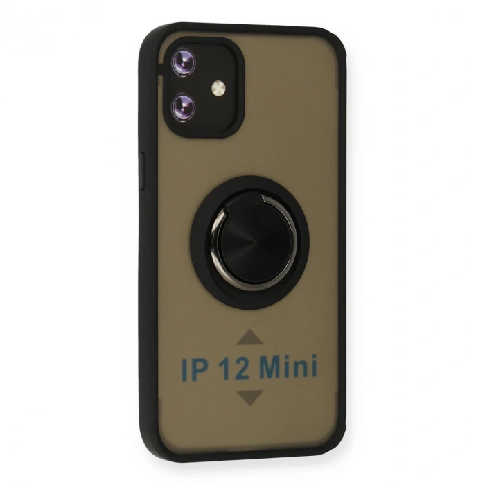 İphone 12 Kılıf Montreal Yüzüklü Silikon Kapak - Siyah