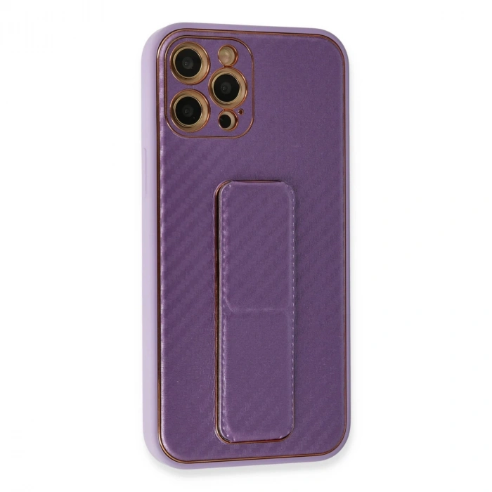 İphone 12 Pro Kılıf Coco Karbon Standlı Kapak - Mor