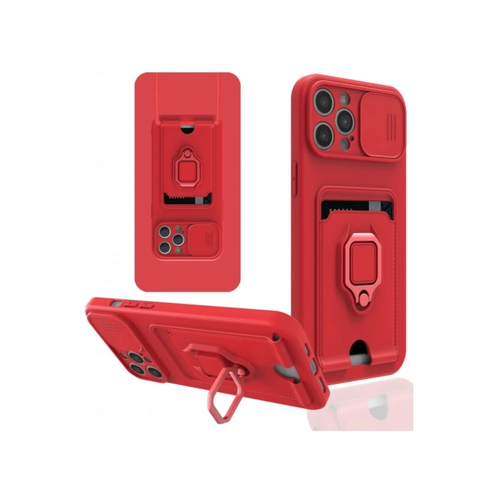 İphone 12 Pro Max Kılıf Zuma Kartvizitli Yüzüklü Silikon - Kırmızı