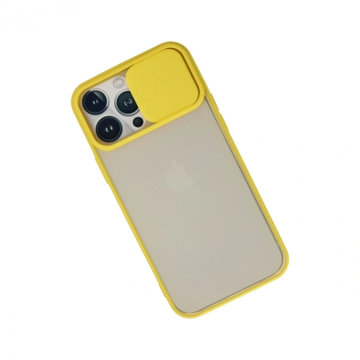 İphone 13 Pro Max Kılıf Palm Buzlu Kamera Sürgülü Silikon - Sarı