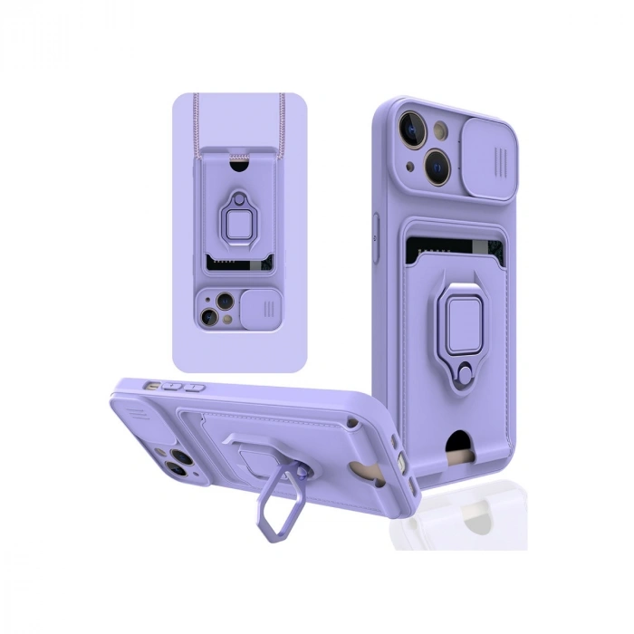 İphone 14 Kılıf Zuma Kartvizitli Yüzüklü Silikon - Lila