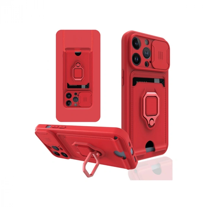 İphone 14 Pro Kılıf Zuma Kartvizitli Yüzüklü Silikon - Kırmızı