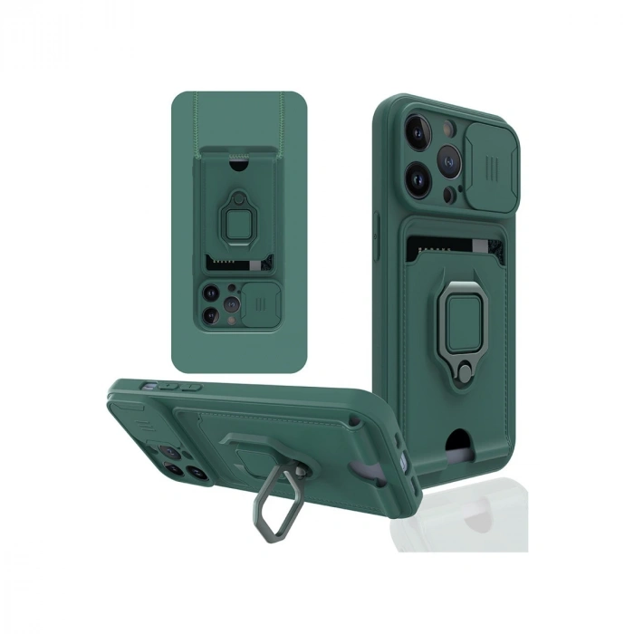 İphone 14 Pro Kılıf Zuma Kartvizitli Yüzüklü Silikon - Yeşil