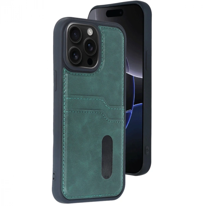 İphone 14 Pro Max Kılıf Sara Kartvizitli Deri Kılıf - Koyu Yeşil