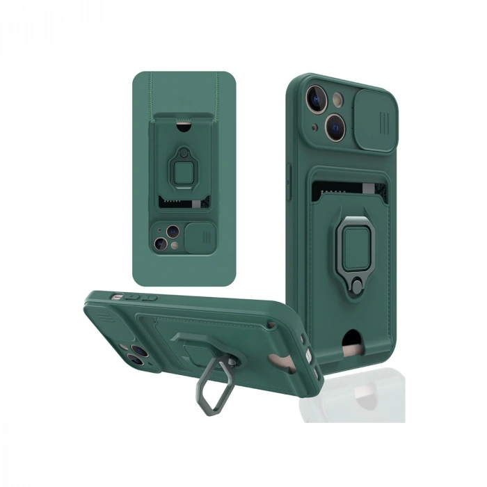 İphone 15 Kılıf Zuma Kartvizitli Yüzüklü Silikon - Yeşil