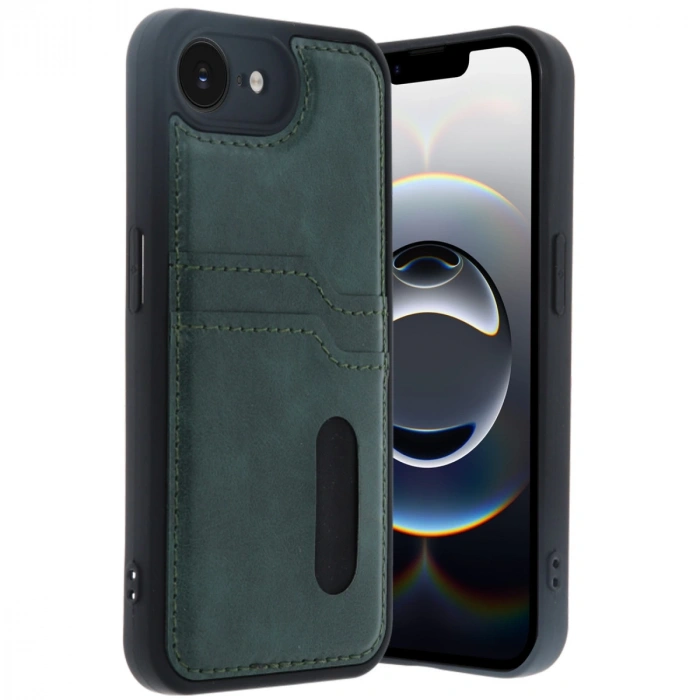 İphone 16e Kılıf Sara Kartvizitli Deri Kılıf - Koyu Yeşil