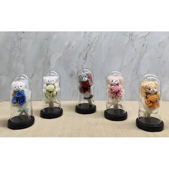 Işıklı Müzikli Fanus İçinde Sevimli Ayıcıklı Gül Buketi