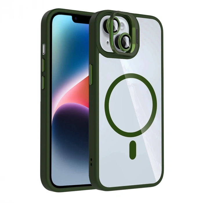 Joko Apple İphone 14 Remim Lensli Magsafe Standlı Kapak - Koyu Yeşil