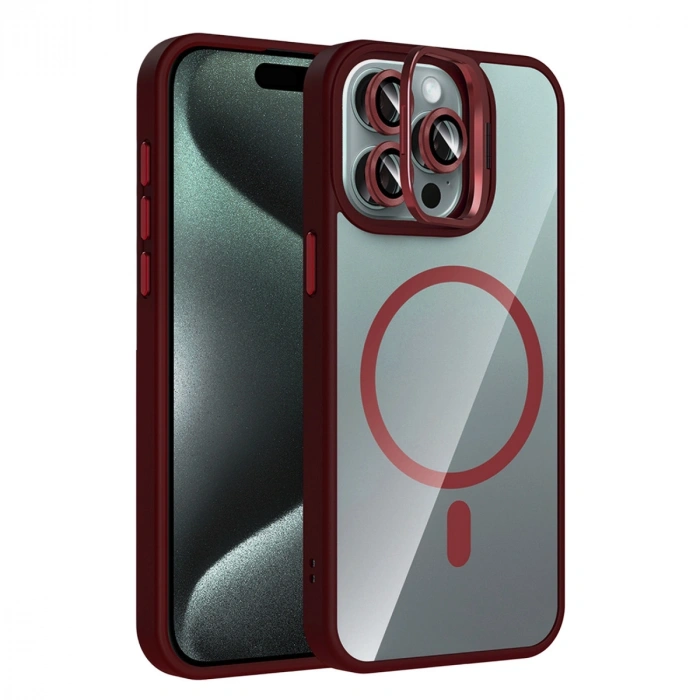 Joko Apple İphone 15 Pro Max Remim Lensli Magsafe Standlı Kapak - Bordo
