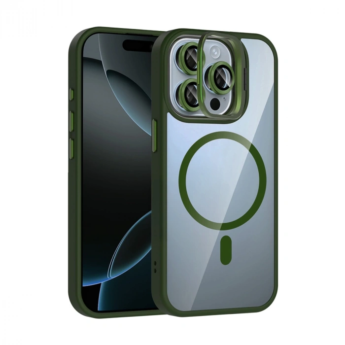 Joko Apple İphone 15 Pro Max Remim Lensli Magsafe Standlı Kapak - Koyu Yeşil