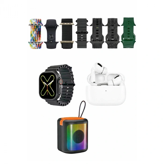 K28 Kombo 7 Adet Kordon (saat Değildir) Akıllı Saat Airpods Kulaklık Kablosuz Hoparlör Set - Siyah