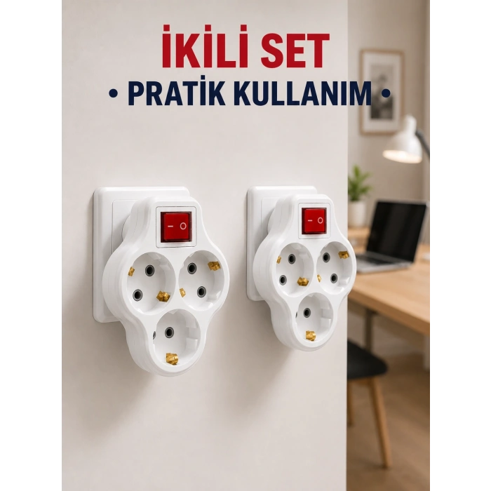 Kablosuz 3’lü Priz Çoklayıcı Açma Kapama Anahtarlı Duvar Tipi 2 Adet Set