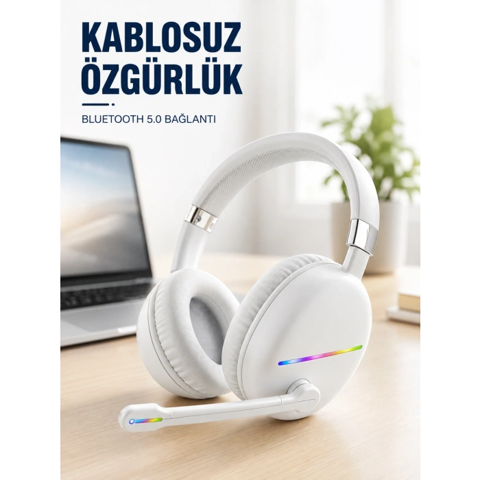 Kablosuz Bluetooth Mikrofonlu Beyaz Kulaklık  Rgb Işıklı