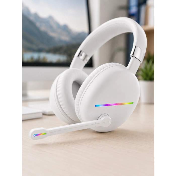 Kablosuz Bluetooth Mikrofonlu Beyaz Kulaklık  Rgb Işıklı