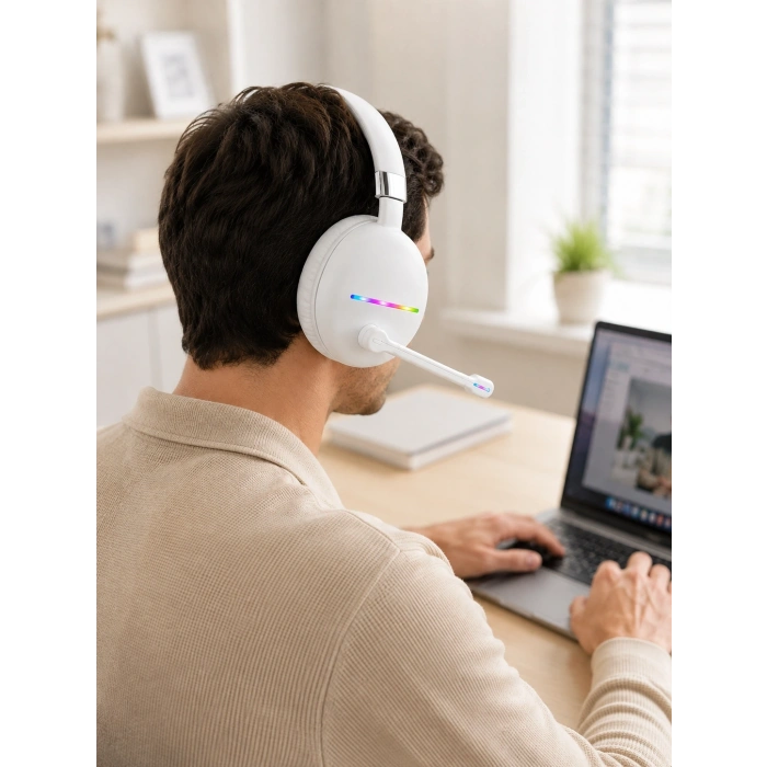 Kablosuz Bluetooth Mikrofonlu Beyaz Kulaklık  Rgb Işıklı
