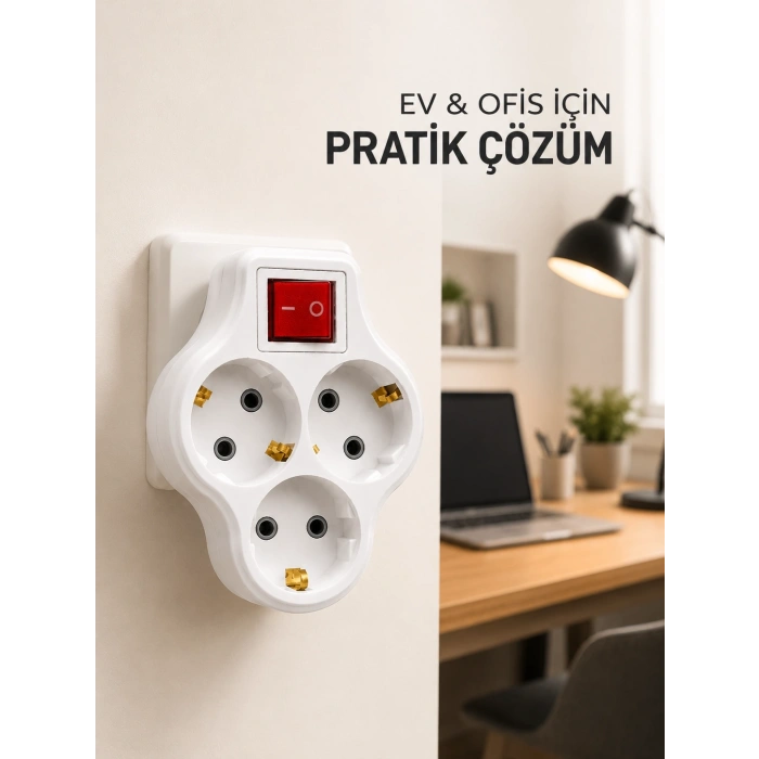 Kablosuz Priz Çoğaltıcı 3 Çıkışlı Anahtarlı Kompakt Duvar Tipi Çoklayıcı