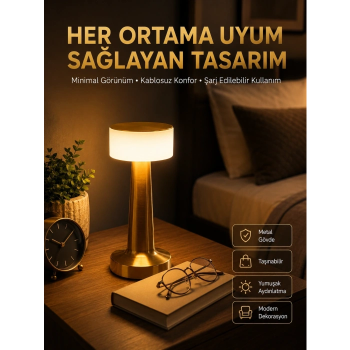 Kablosuz Renkli Masa Ve Gece Lambası Altın Rengi Dokunmatik Led Lamba