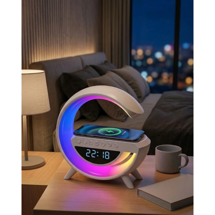Kablosuz Şarjlı Led Işıklı Masa Saati Bluetooth Hoparlör Alarm Fonksiyonlu