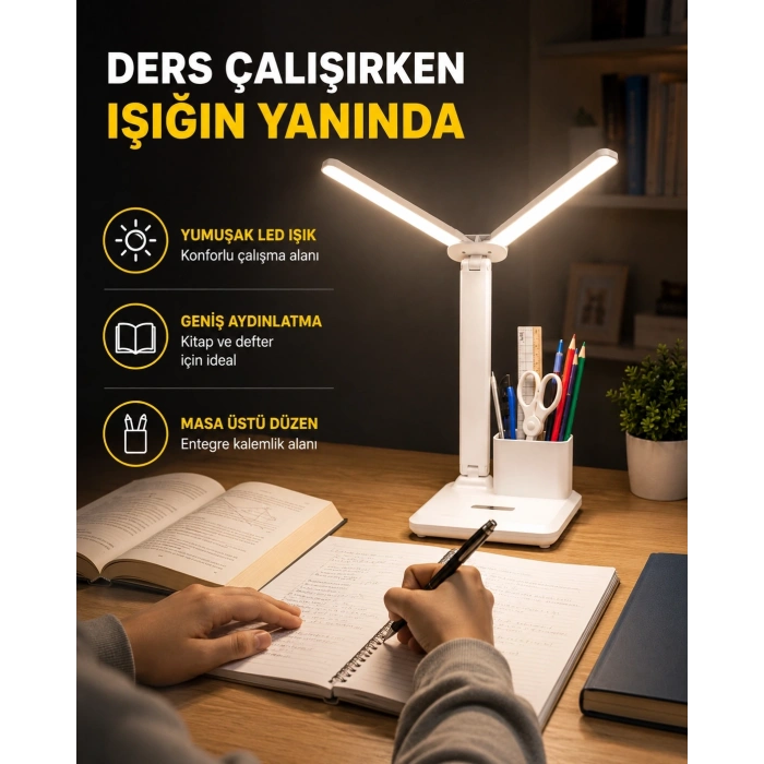Kalemlik Ve Telefon Standlı Masa Lambası – Kısılabilir Led Işık, Göz Dostu Tasarım Yeni Nesil