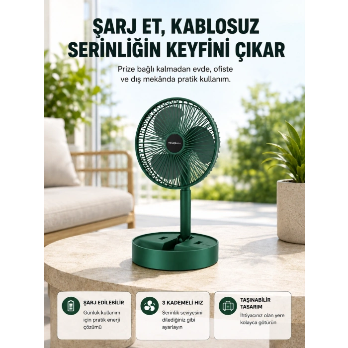 Katlanabilir Şarjlı Mini Fan 3 Kademeli Hız Ayarlı Taşınabilir