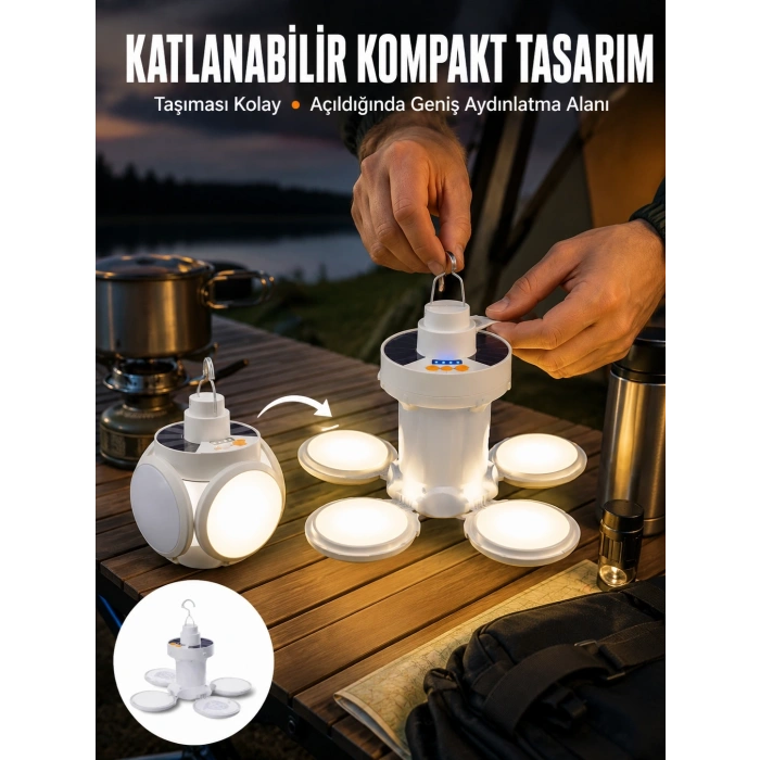 Katlanabilir Taşınabilir Kamp Lambası Işıldak Beyaz Işık Güneş Enerjili Solar Aydınlatma Yeni Nesil