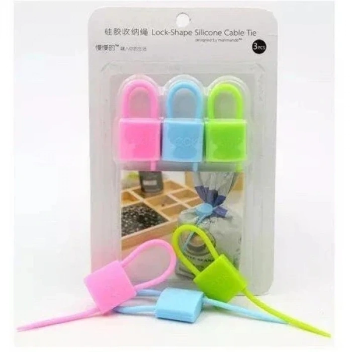Kilit Şeklinde Silikon Kablo Ve Poşet Bağlama Atı (3lü Set)