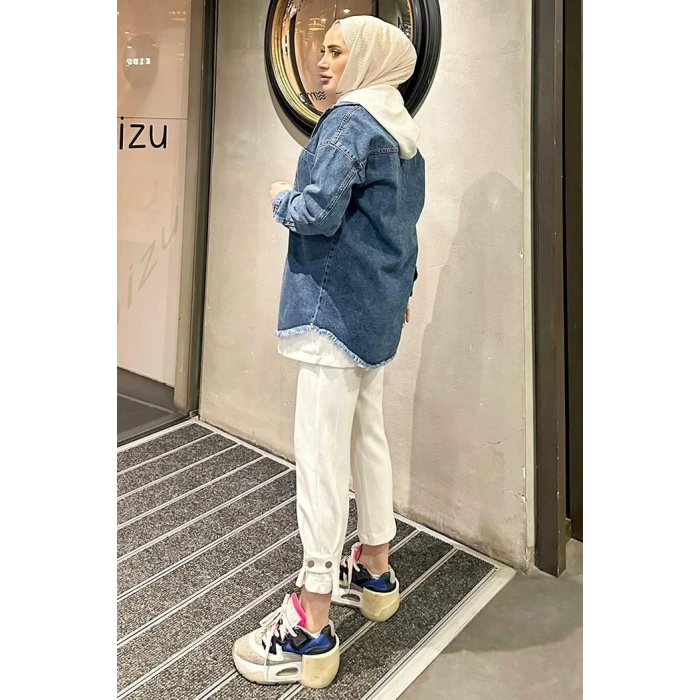 Koyu Mavi Kar Yıkama Püskül Detay Kot Ceket Oversize