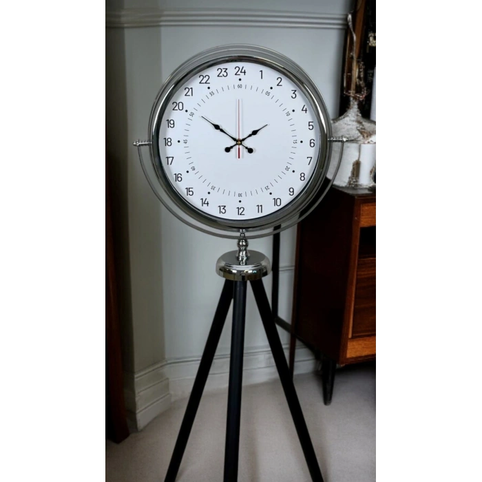 Krom 24 Saat Göstergeli Özel Tasarım Tripod Ayaklı Saat