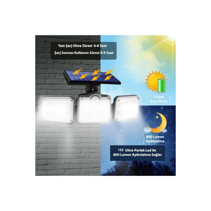 Kumandalı Solar Güneş Enerjili 122 Ledli Hareket Sensörlü Bahçe Aydınlatma Sokak Lambası