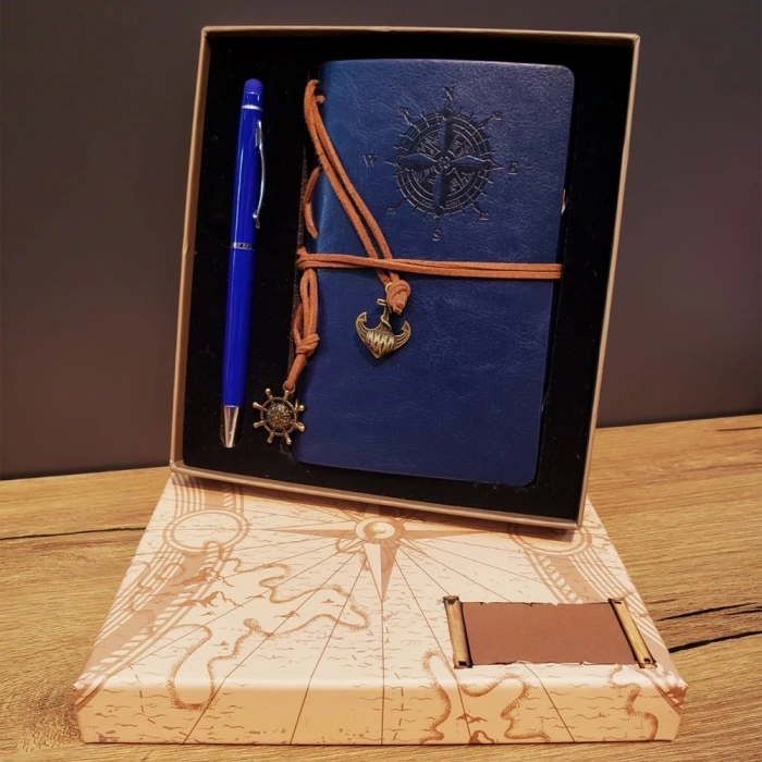 Lacivert Pusula Tasarım Deri Defter Ve Tükenmez Kalem Seti