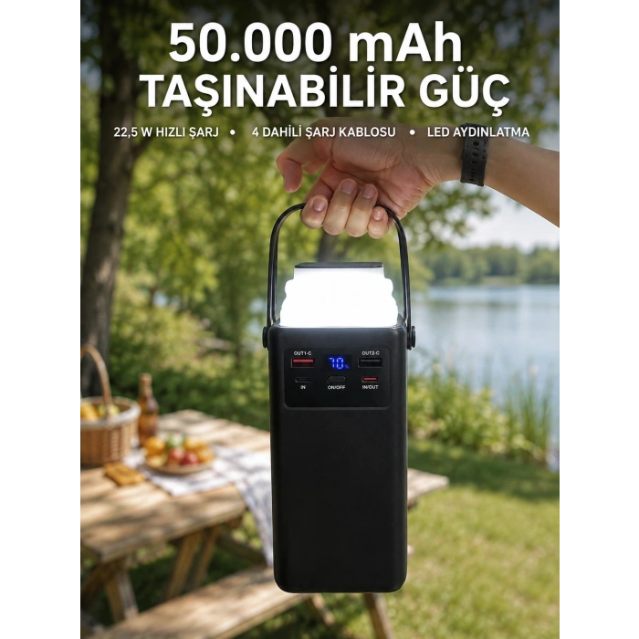 Led Aydınlatmalı Powerbank 50.000 Mah 22,5 W Hızlı Şarj 4 Dahili Kablolu Dijital Pil Göstergeli Batarya