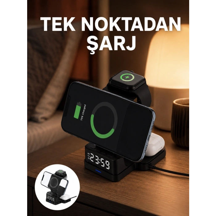 Led Dijital Saatli Kablosuz Şarj Cihazı – 3 Parlaklık Ayarlı, Şarj Koruma Teknolojili Yeni Nesil