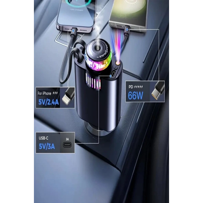 Led Işık Aydınlatmalı 45w Hava Nemlendirici 5’1 Arada Şarj Cihazı Araç İçi Çakmaklık Şarj Aleti