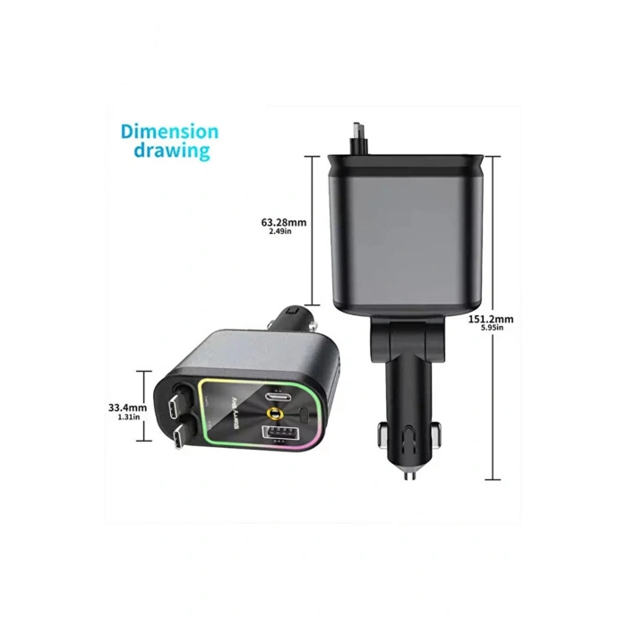 Led Işık Tavan Aydınlatmalı 66w 4’1 Çift Kablolu Hızlı Şarj 3.4a Araç İçi Çakmaklık Şarj Aleti